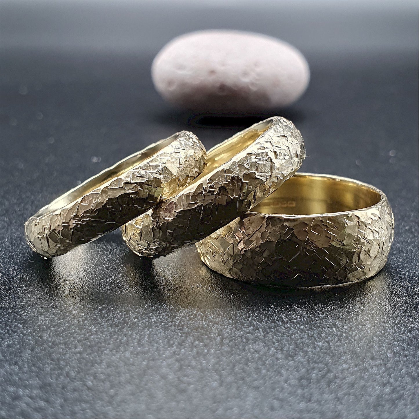 Wedding ring, broad yellow gold Fire hammered design - Cumbrian Designs