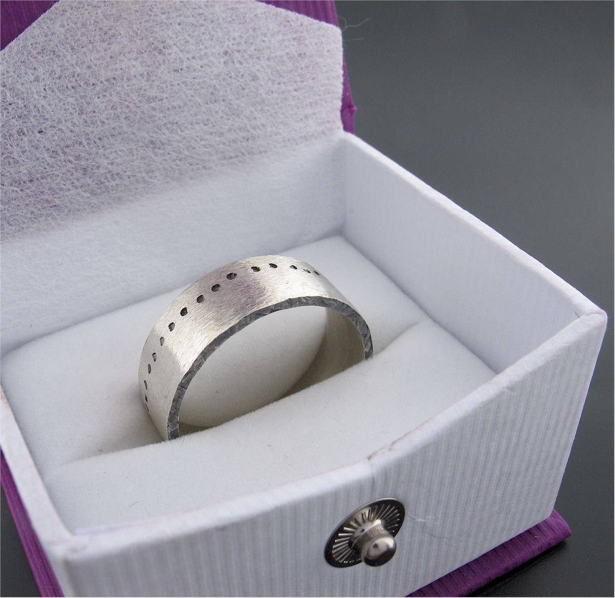 Mens 8mm flat silver wedding ring, Snow Track handmade original design - Cumbrian Designs