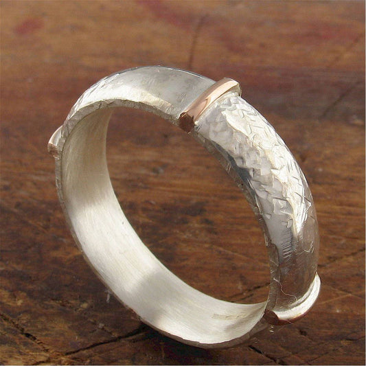 Rustic mans 6mm wedding ring, rose gold, silver Lakeland Mine White design - Cumbrian Designs