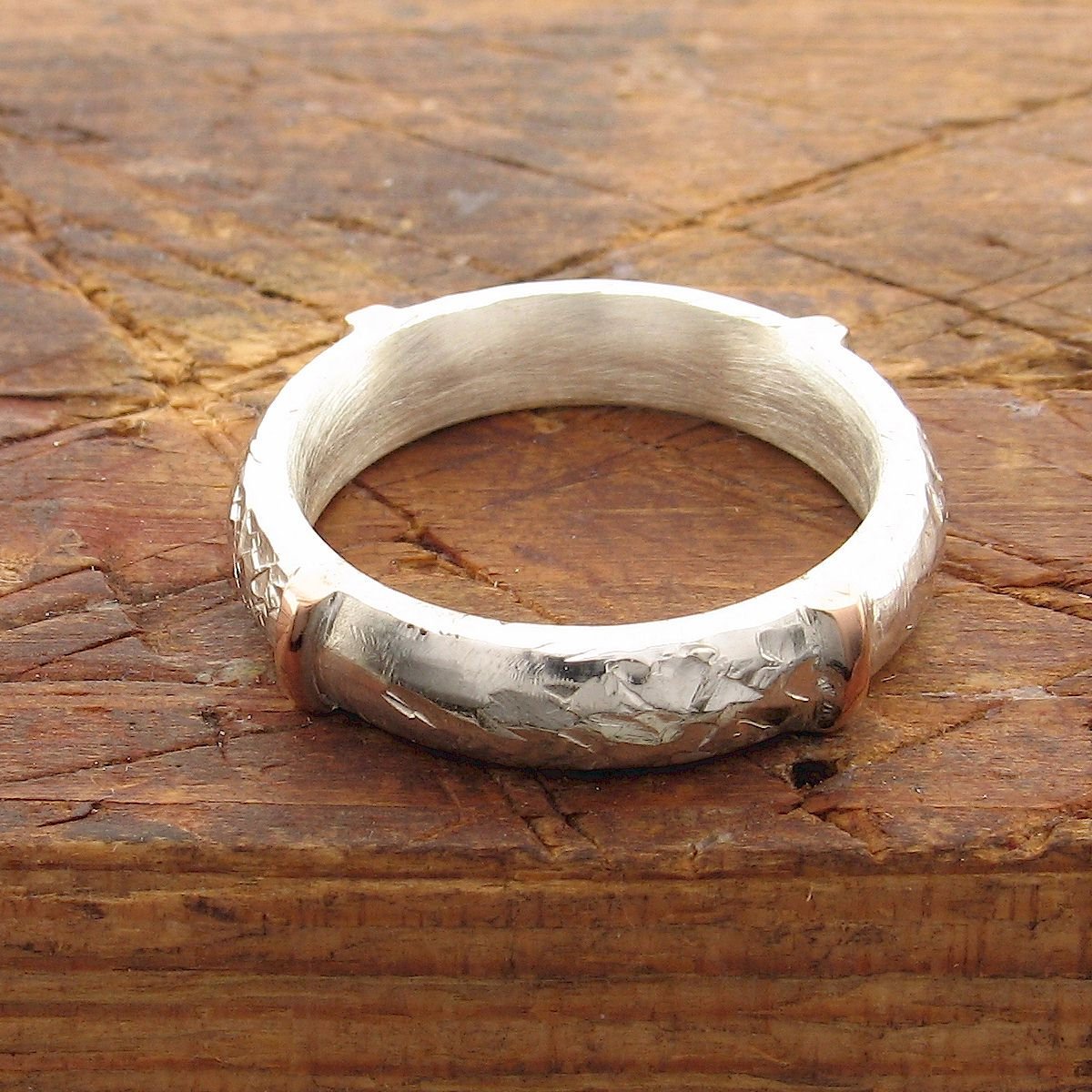 Rustic 4mm wedding ring in rose gold and silver, Lakeland Mine White design - Cumbrian Designs
