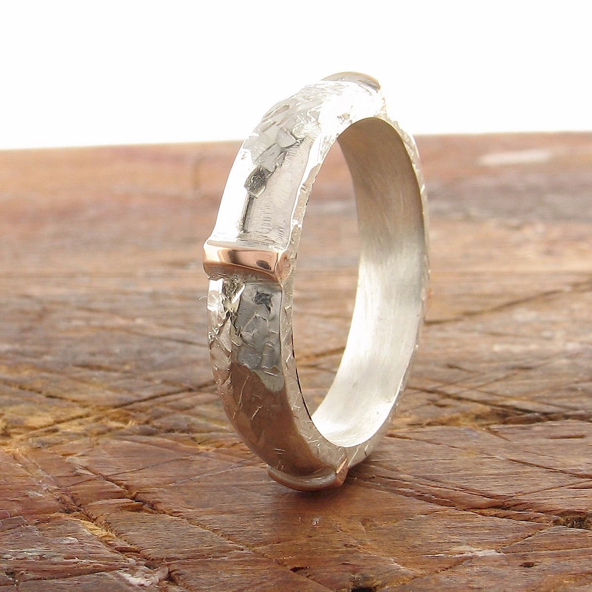 Rustic 4mm wedding ring in rose gold and silver, Lakeland Mine White design - Cumbrian Designs