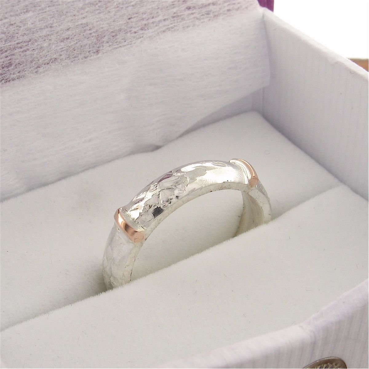 Rustic 4mm wedding ring in rose gold and silver, Lakeland Mine White design - Cumbrian Designs
