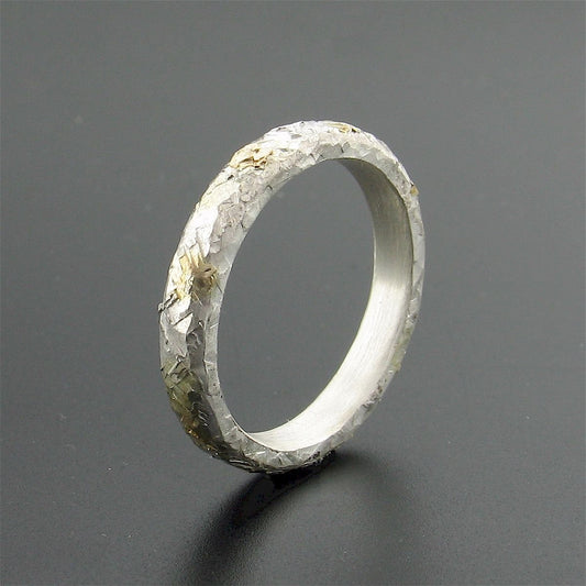 Silver and gold hammered thin wedding ring, Morning View design. - Cumbrian Designs