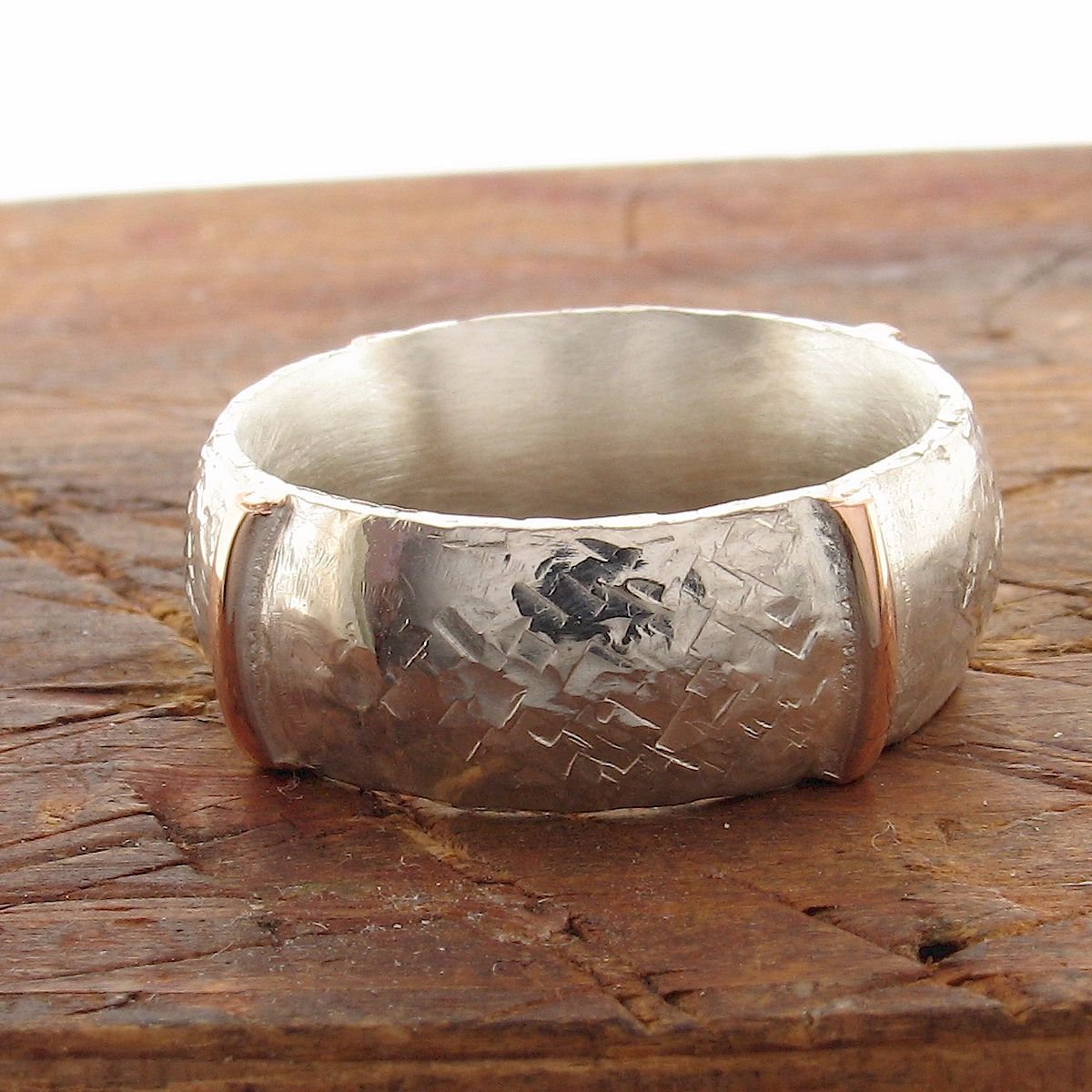 Rustic 8mm wedding ring in rose gold and silver, Lakeland Mine White design. - Cumbrian Designs