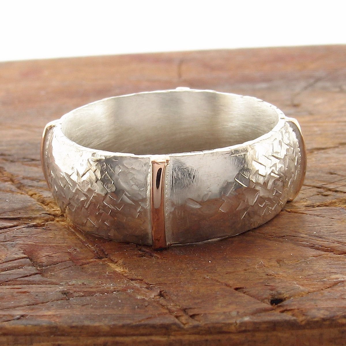 Rustic 8mm wedding ring in rose gold and silver, Lakeland Mine White design. - Cumbrian Designs