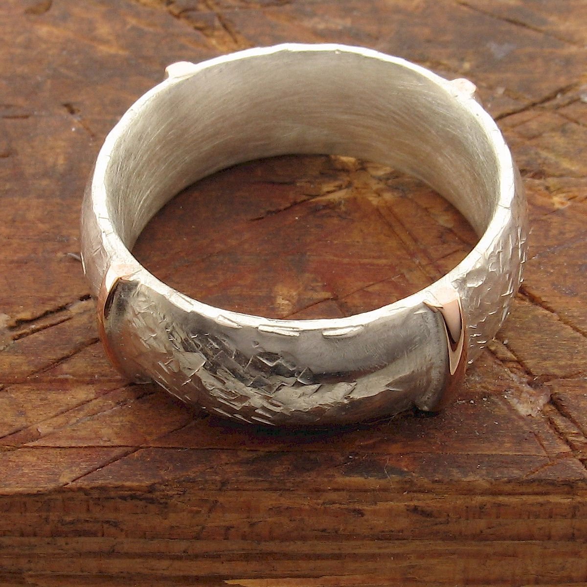 Rustic 8mm wedding ring in rose gold and silver, Lakeland Mine White design. - Cumbrian Designs