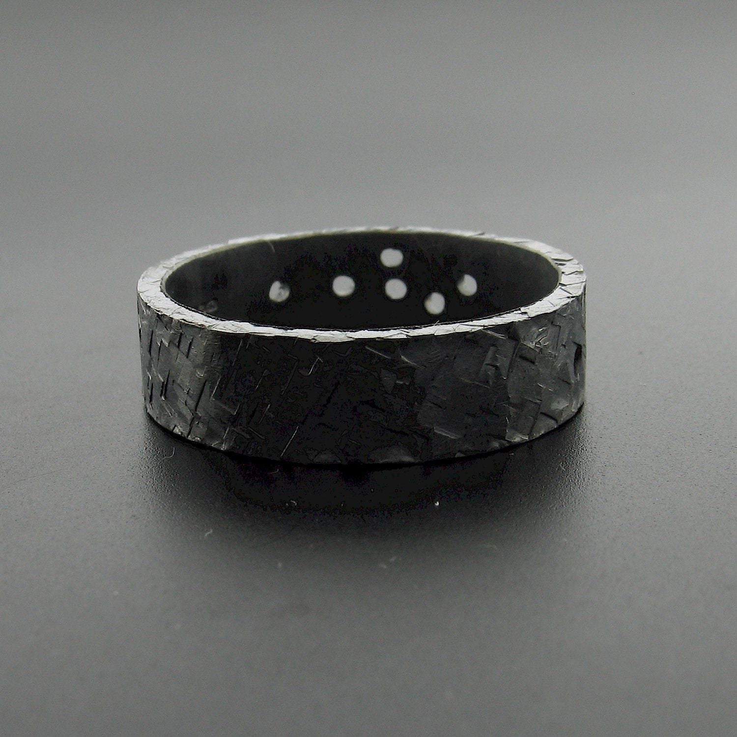 Black hammered wide wedding ring Night Stars design. Mens Designer Rings Wedding Ring