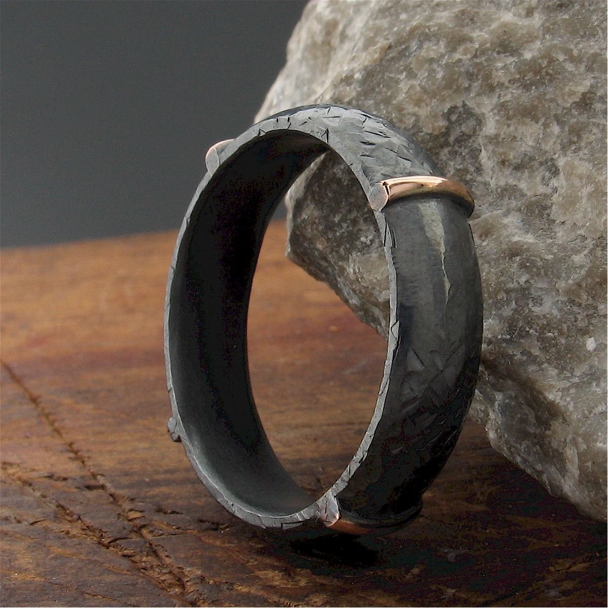 Mens black silver & rose gold wedding ring Lakeland Mine design. Mens Designer Rings Wedding Ring