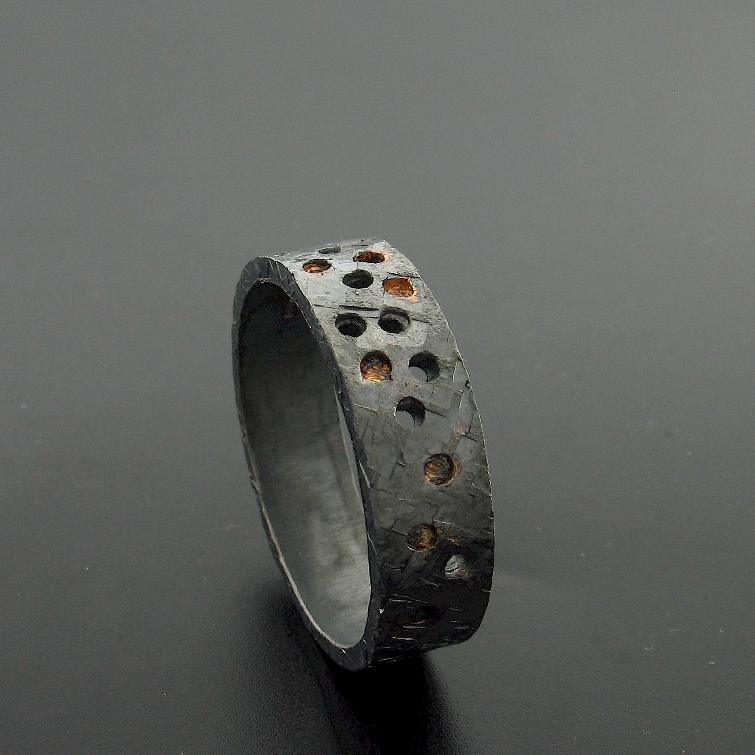 Black hammered wide wedding ring Night Stars design. - Cumbrian Designs