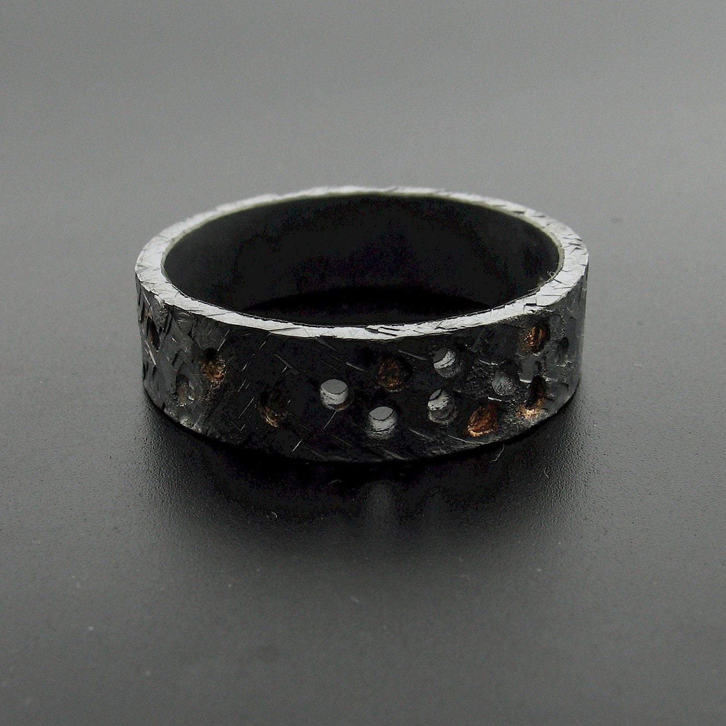 Black hammered wide wedding ring Night Stars design. - Cumbrian Designs