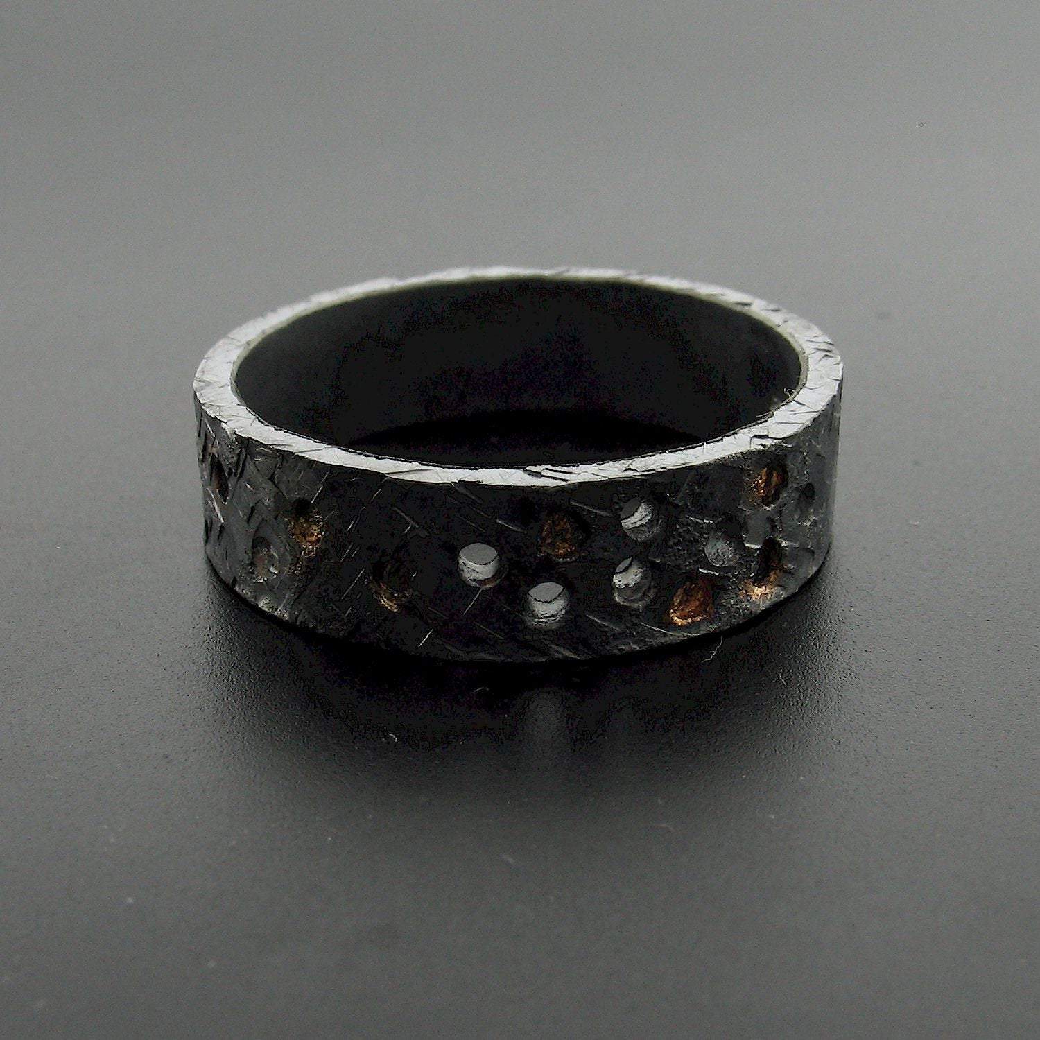 Black hammered wide wedding ring Night Stars design. - Cumbrian Designs