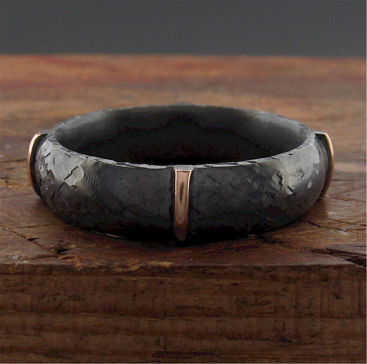 Mens black silver & rose gold wedding ring Lakeland Mine design. Mens Designer Rings Wedding Ring