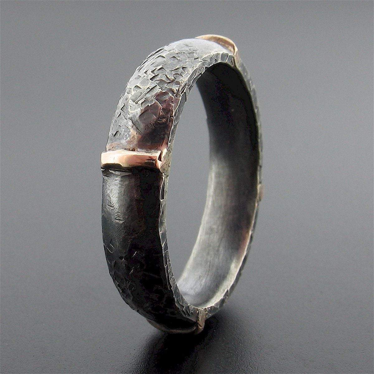 Mens black silver & rose gold wedding ring Lakeland Mine design. - Cumbrian Designs