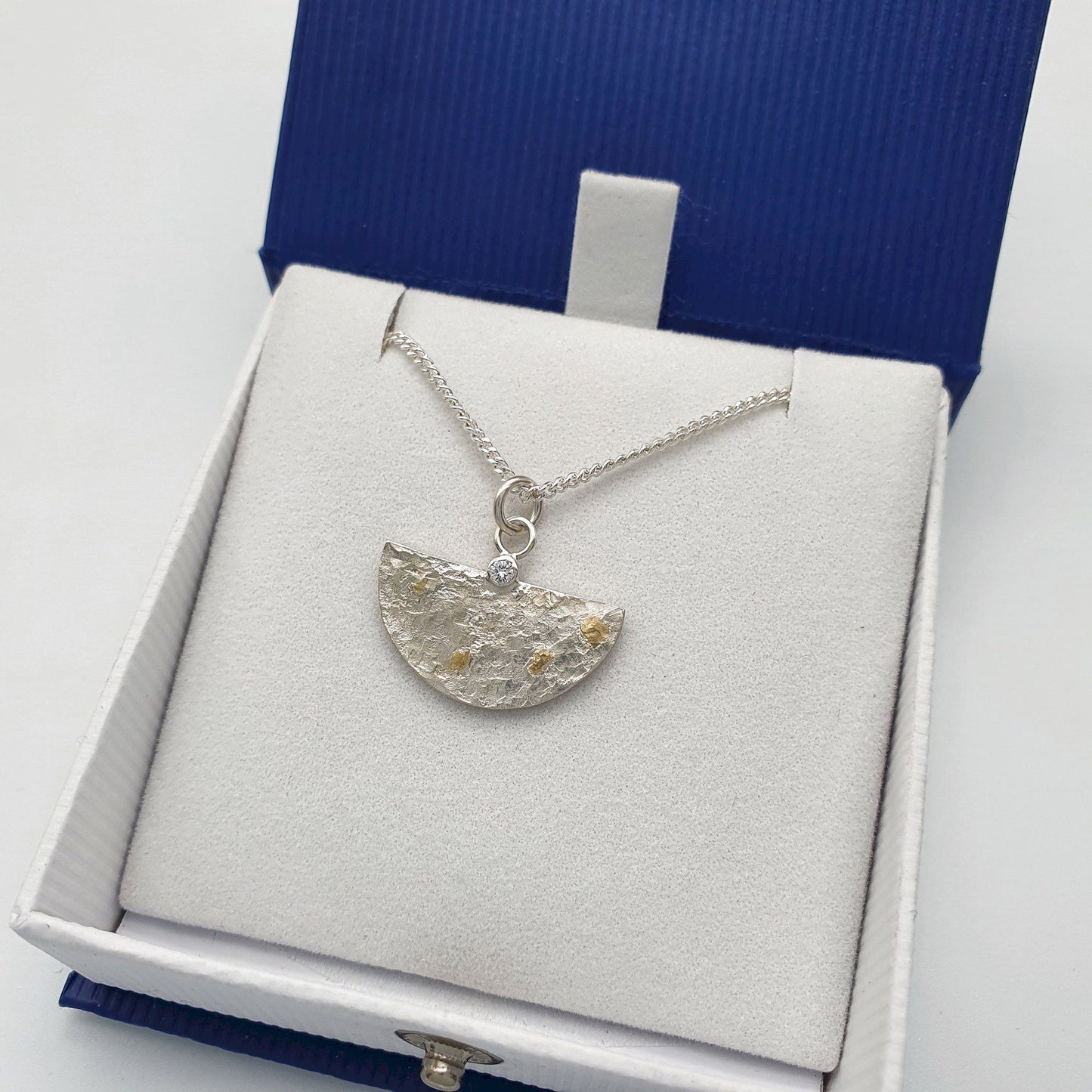 Diamond set silver and gold pendant, Morning View half circle design - Cumbrian Designs