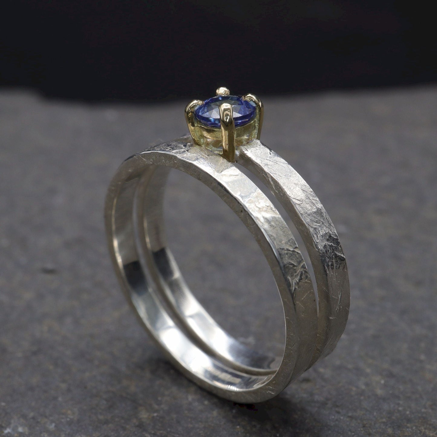 Sapphire gold wedding set, Windermere design in 2mm bands