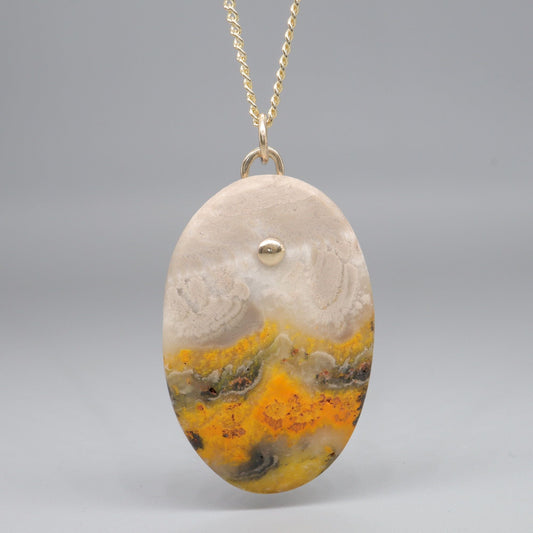 Bumblebee Jasper oval drop handmade gold necklace - Gretna Green Wedding Rings