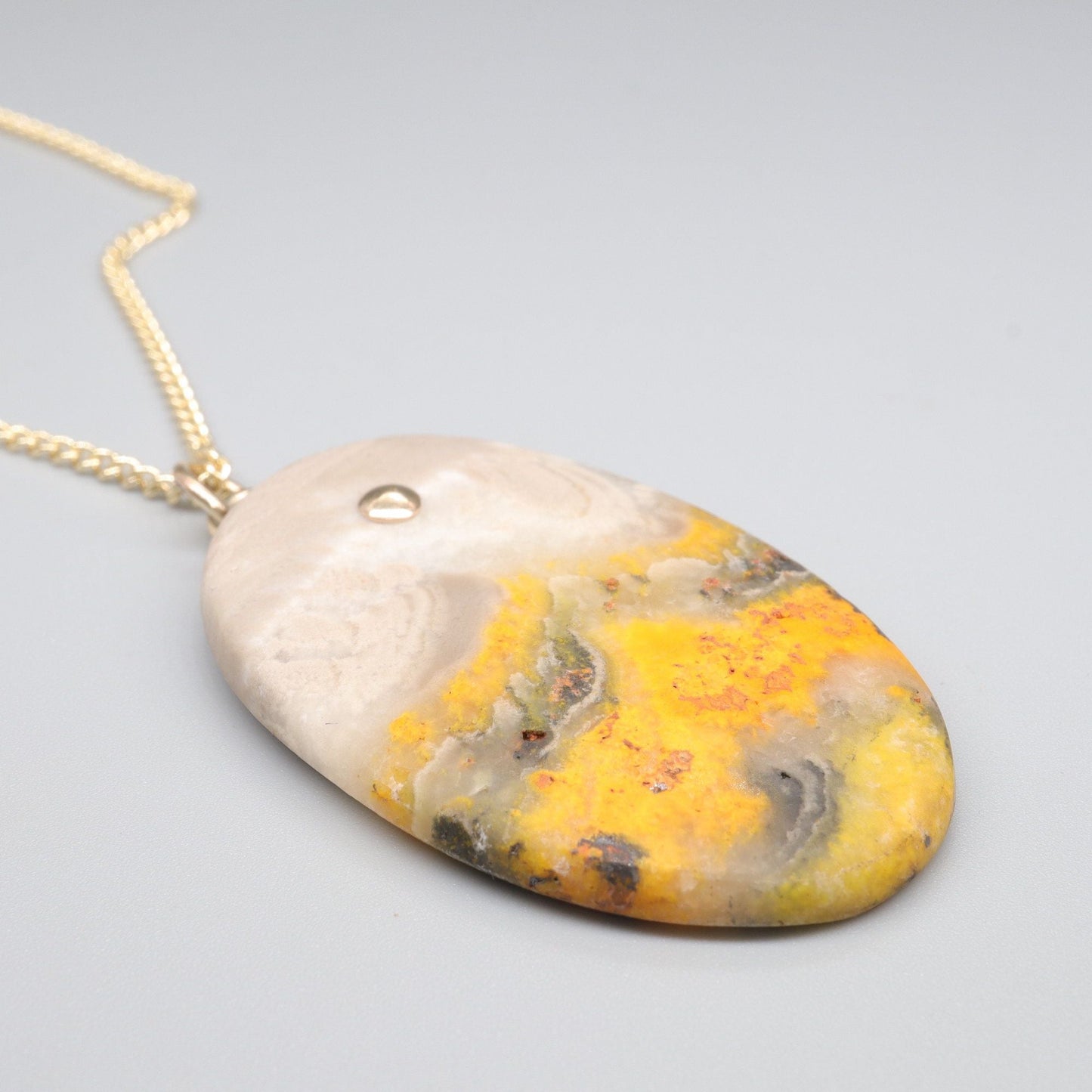 Bumblebee Jasper oval drop handmade gold necklace - Gretna Green Wedding Rings