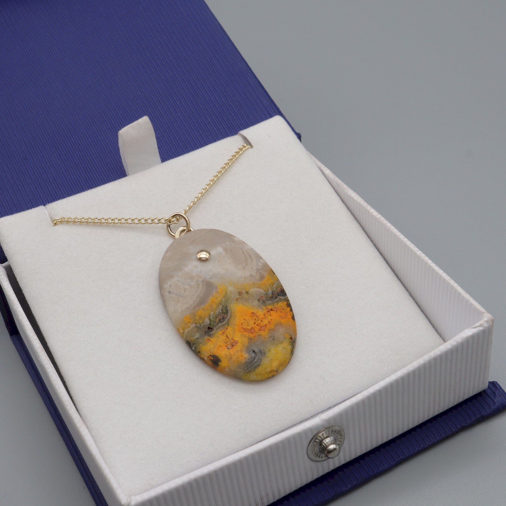Bumblebee Jasper oval drop handmade gold necklace - Gretna Green Wedding Rings