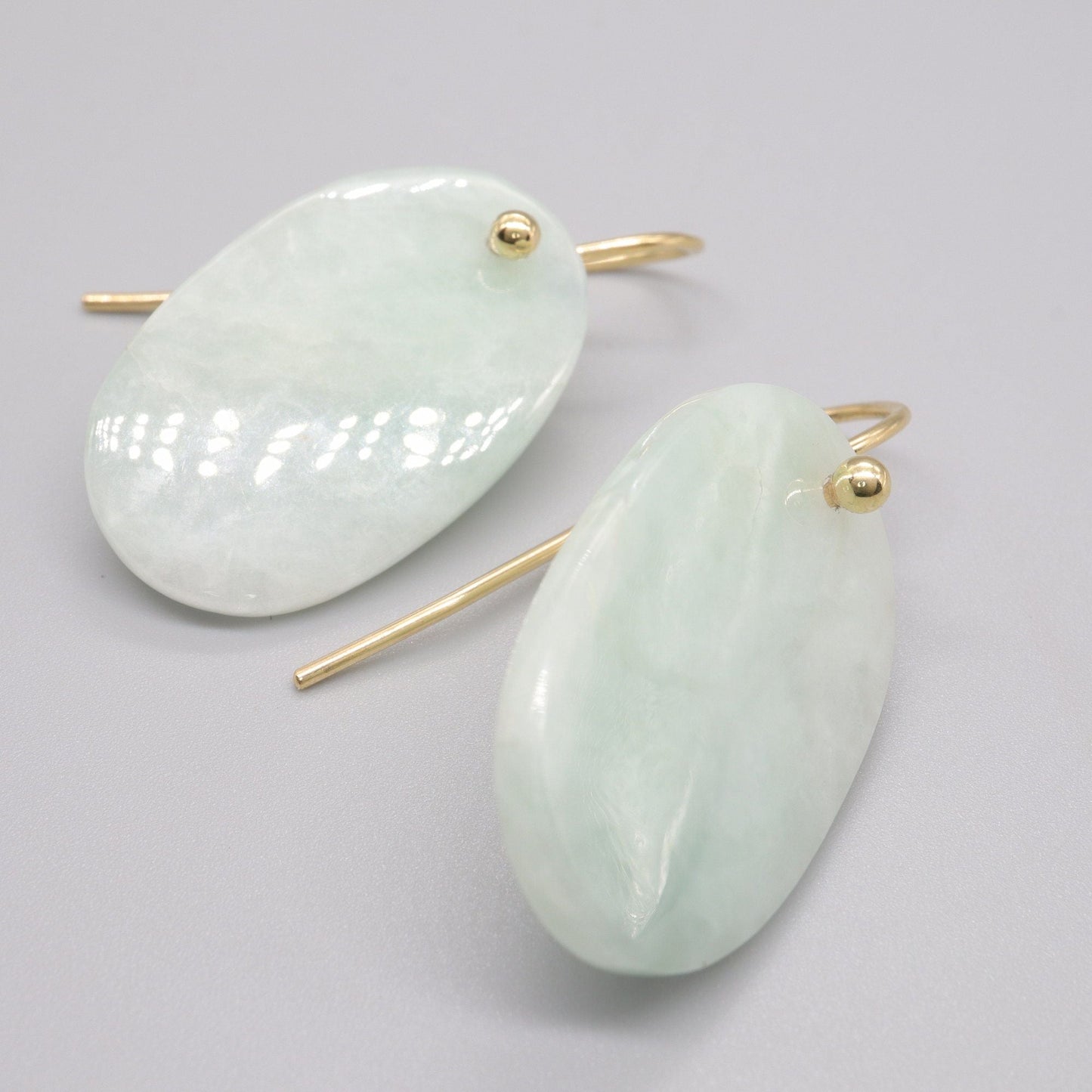 Burma Jade drop earrings, green jade oval gemstones with 18ct yellow gold fittings - Gretna Green Wedding Rings