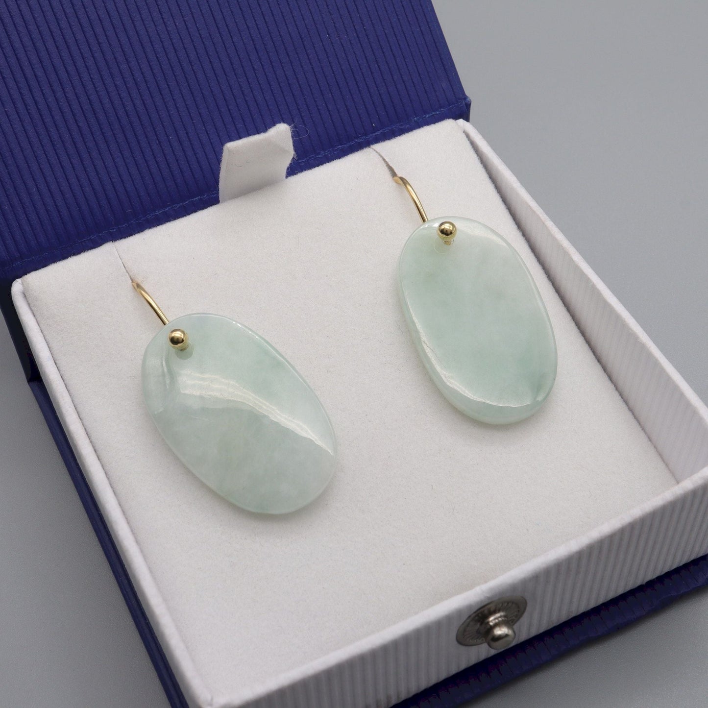 Burma Jade drop earrings, green jade oval gemstones with 18ct yellow gold fittings - Gretna Green Wedding Rings