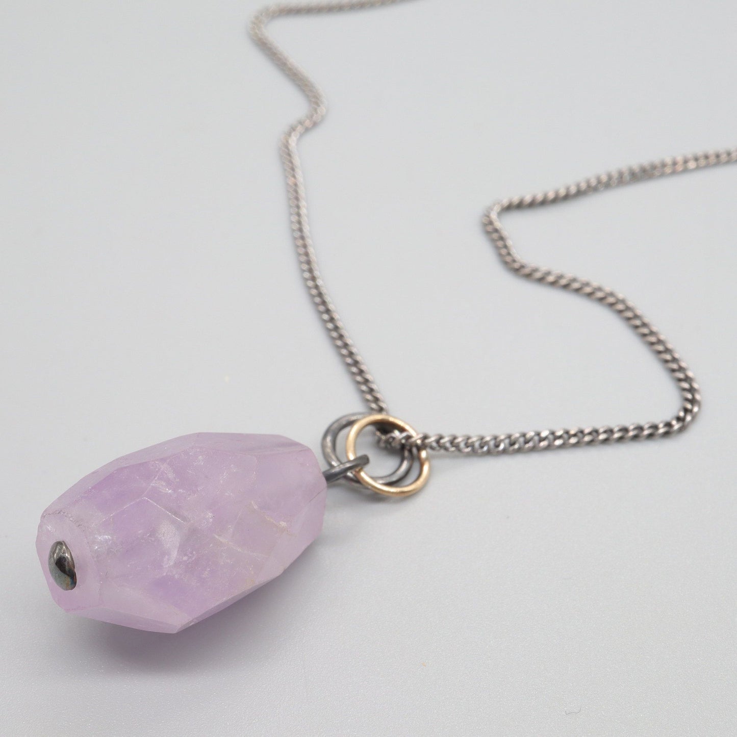 Pink Amethyst round drop handmade antique darkened silver and gold necklace