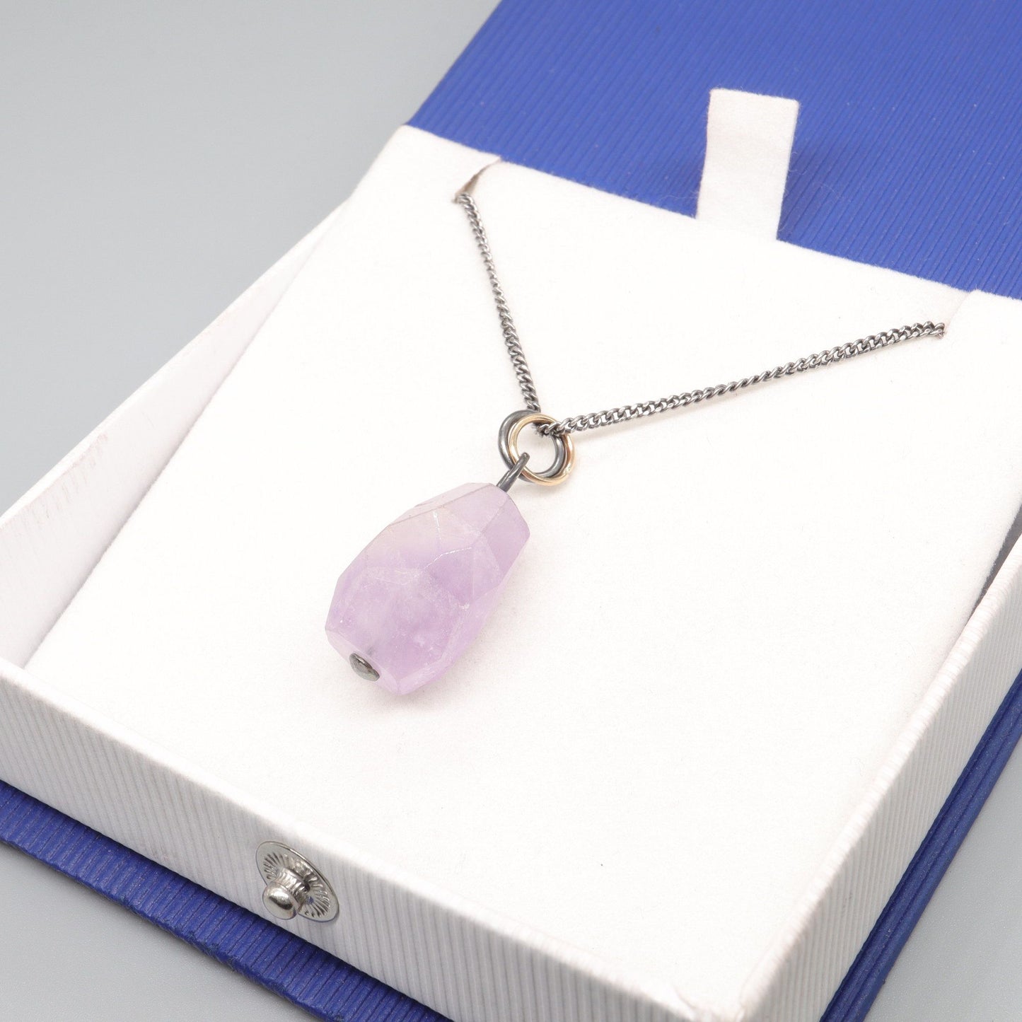 Pink Amethyst round drop handmade antique darkened silver and gold necklace