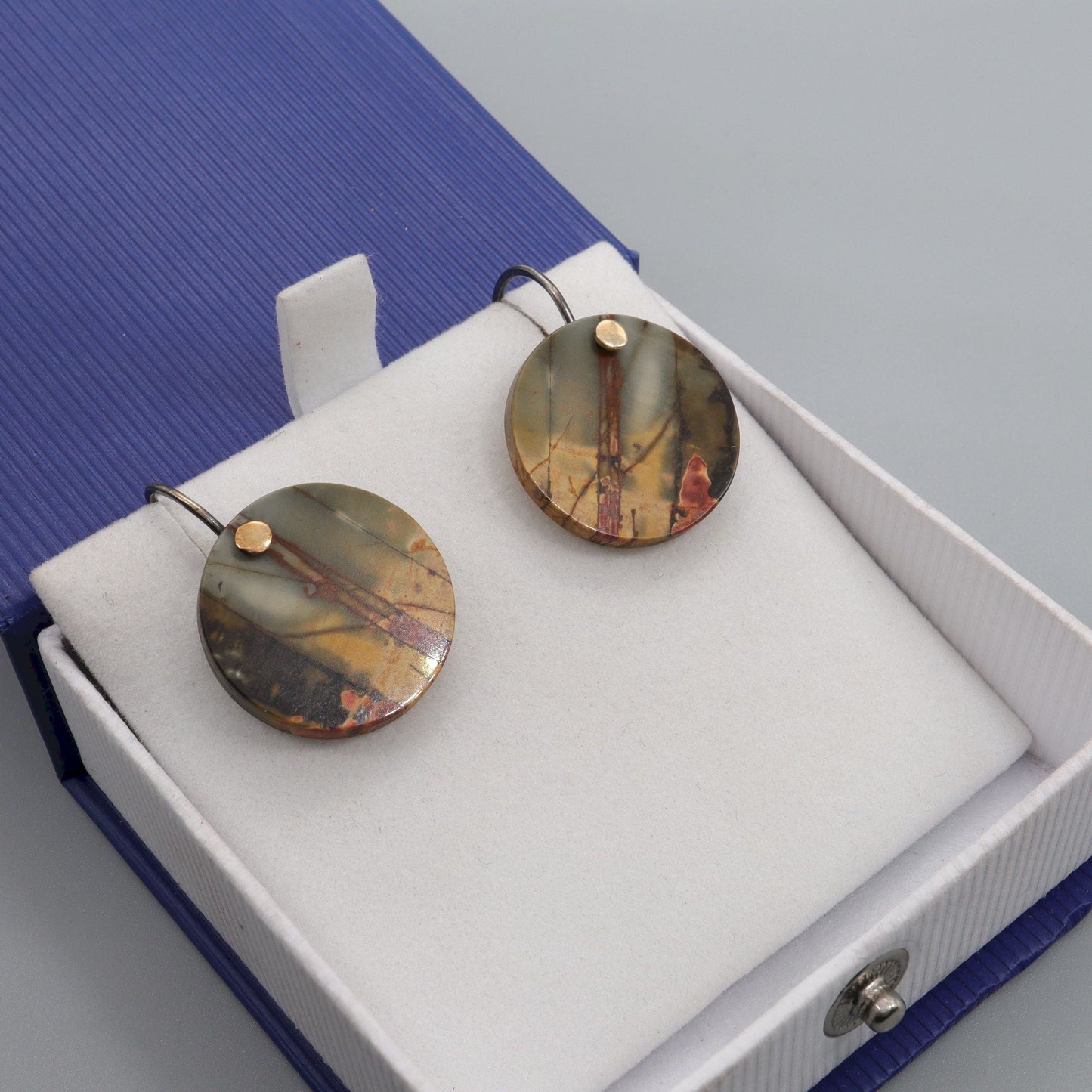 Red Creek Jasper round drop earrings with yellow gold and silver handmade fittings - Gretna Green Wedding Rings