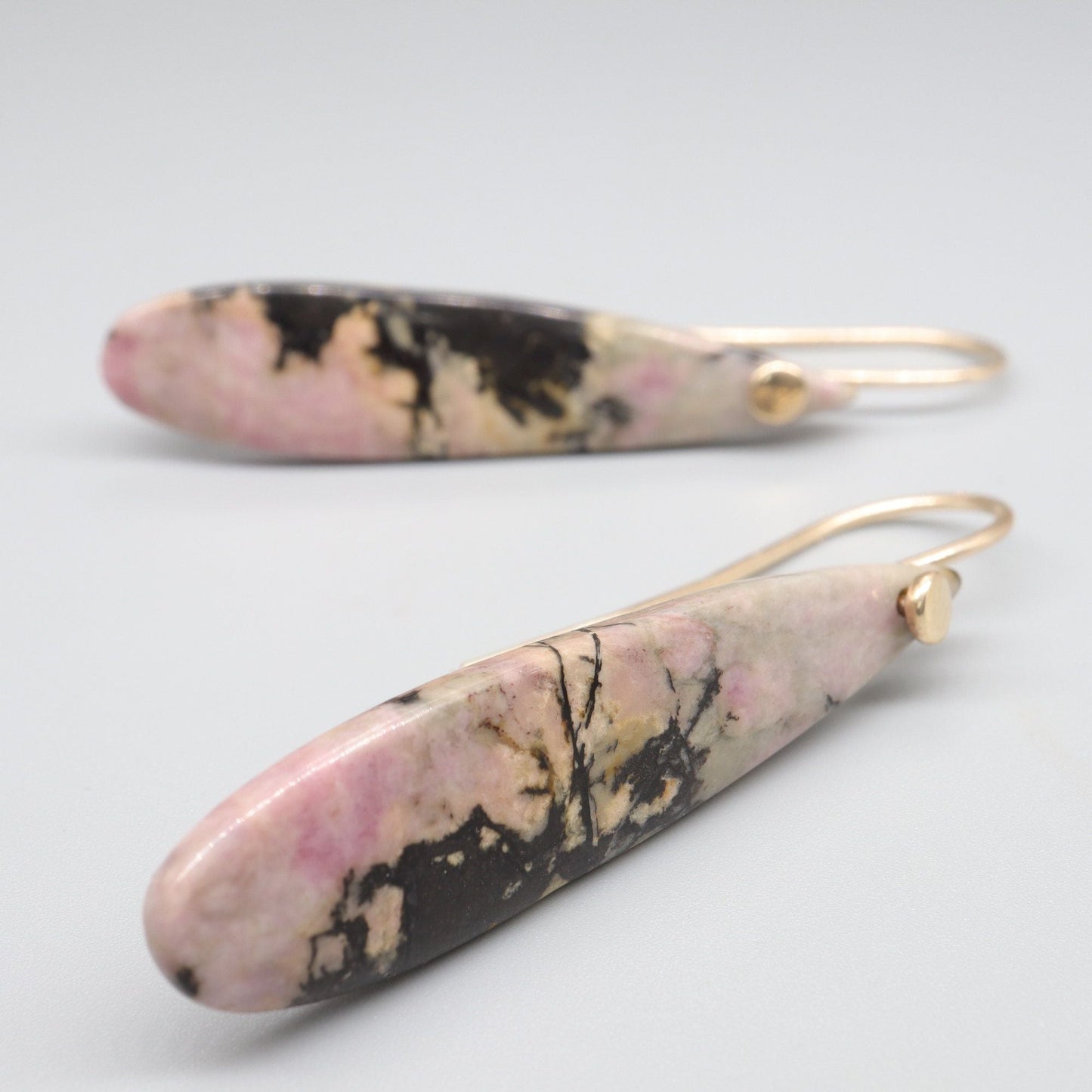 Drop earrings handmade pink and black Rhodonite with yellow gold fittings - Gretna Green Wedding Rings