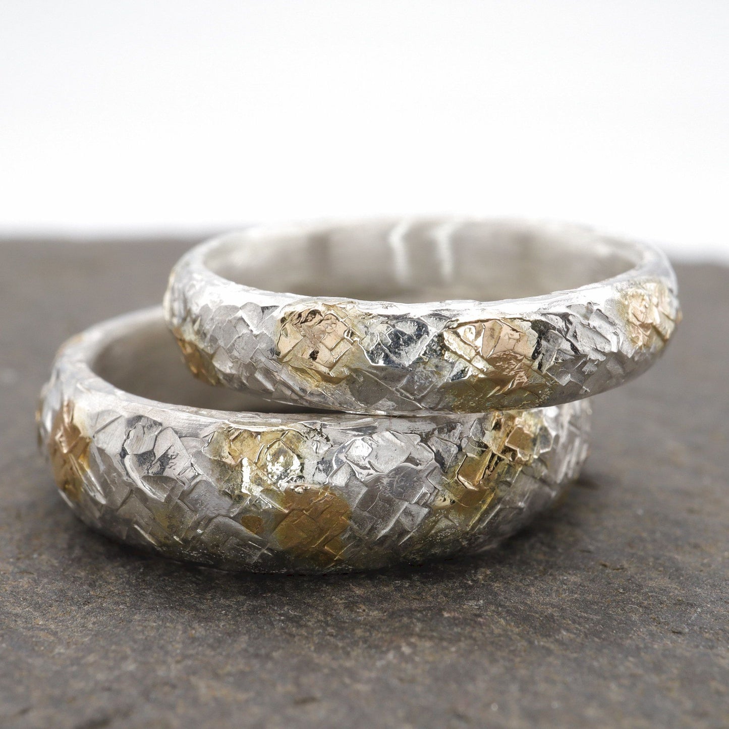 Sunrise matching silver and gold ring set, 4mm and 6mm design.