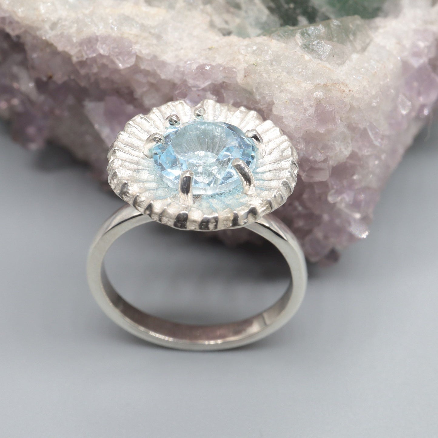 Blue Topaz Water Lilies designer statement ring.