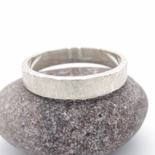White gold thin wedding ring - rustic flat hammered textured band - Windermere design.