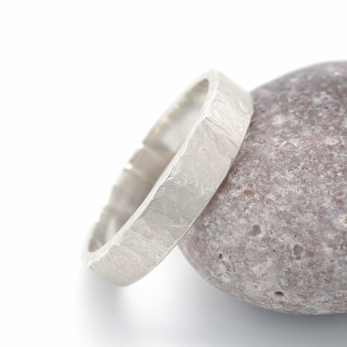 White gold thin wedding ring - rustic flat hammered textured band - Windermere design.