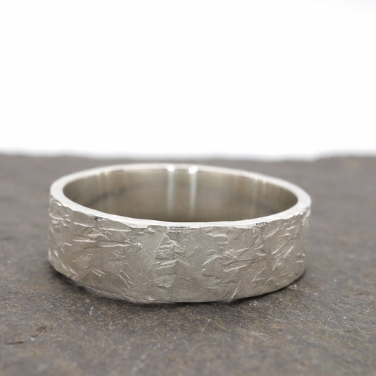 Silver broad wedding ring - rustic flat hammered textured band - Windermere design.