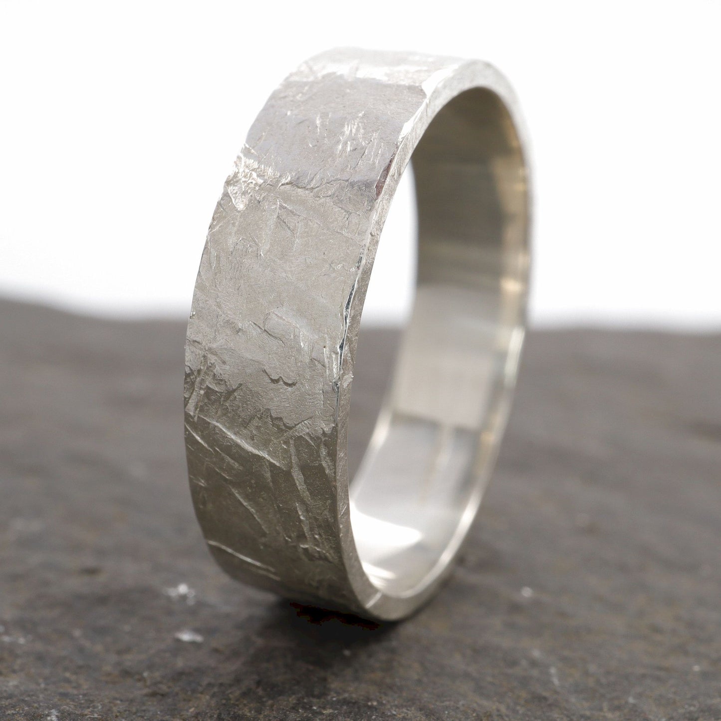 White gold broad wedding ring - rustic flat hammered textured band - Windermere design.