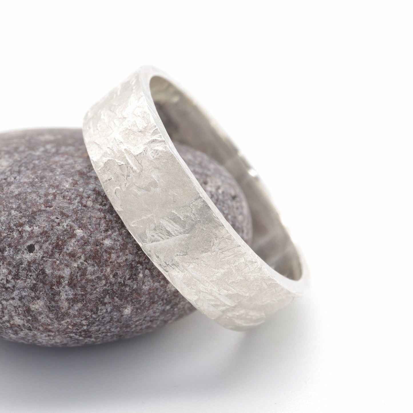 White gold broad wedding ring - rustic flat hammered textured band - Windermere design.