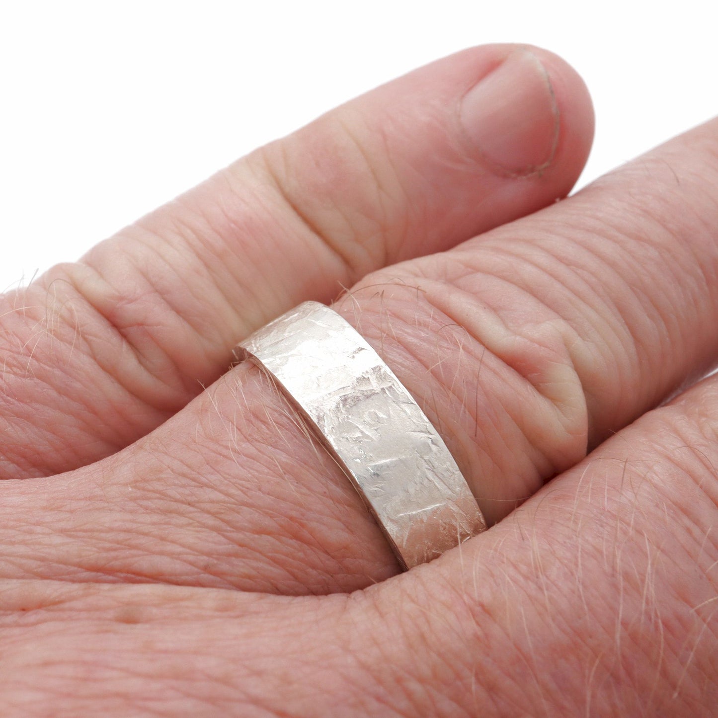 White gold broad wedding ring - rustic flat hammered textured band - Windermere design.