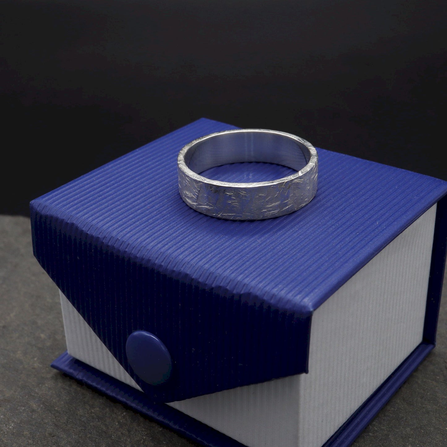 White gold broad wedding ring - rustic flat hammered textured band - Windermere design.