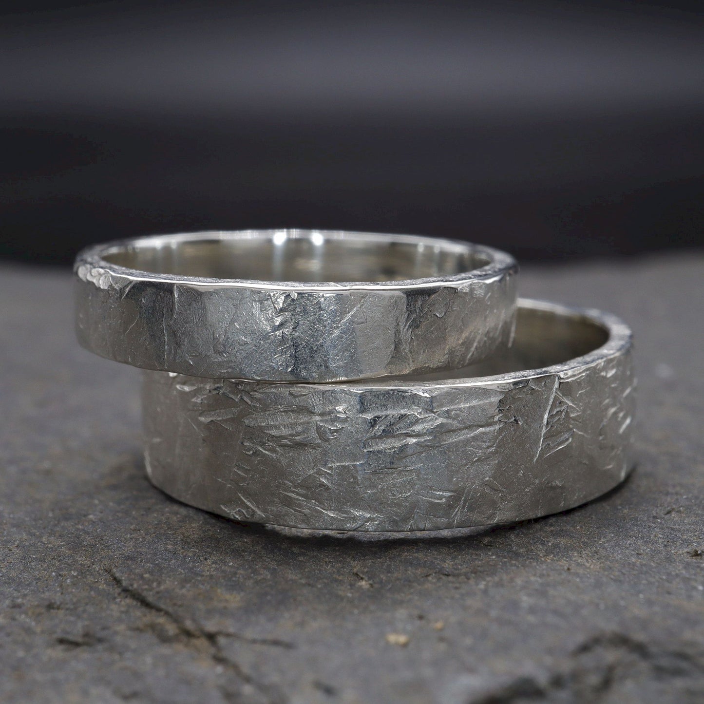 White gold matching wider wedding ring set - rustic flat hammered textured band - original couples, Windermere design - 4mm and 6mm.