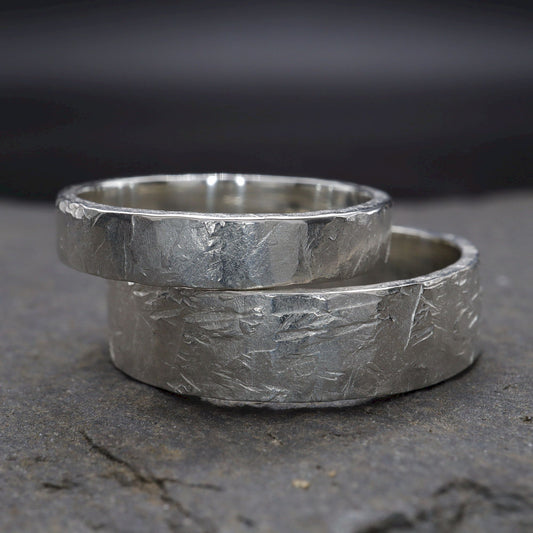 White gold matching wider wedding ring set - rustic flat hammered textured band - original couples, Windermere design - 4mm and 6mm.