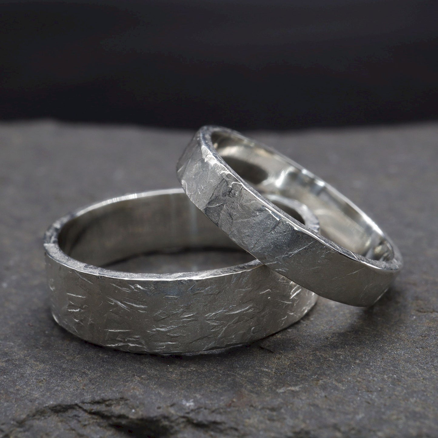 White gold matching wider wedding ring set - rustic flat hammered textured band - original couples, Windermere design - 4mm and 6mm.