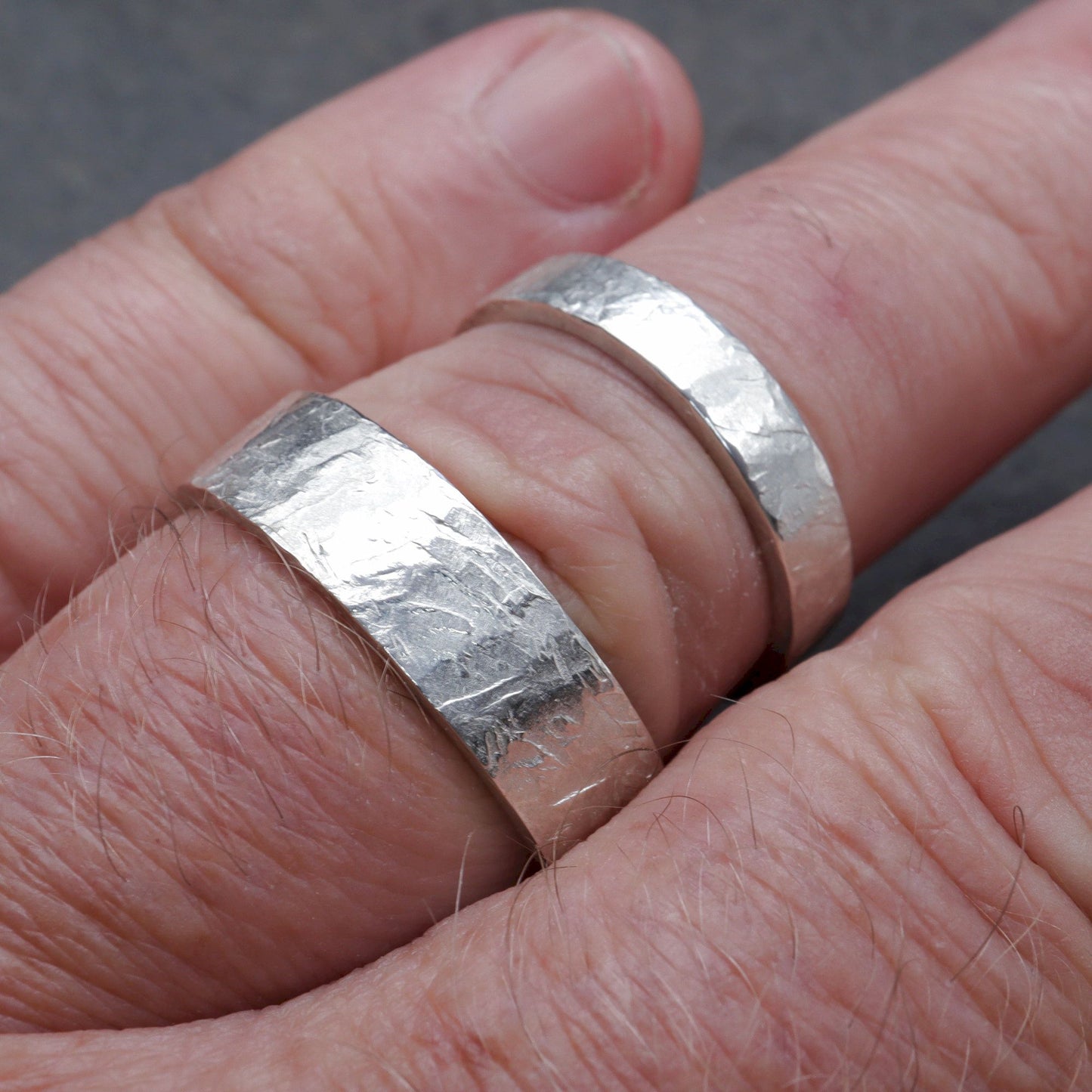 White gold matching wider wedding ring set - rustic flat hammered textured band - original couples, Windermere design - 4mm and 6mm.