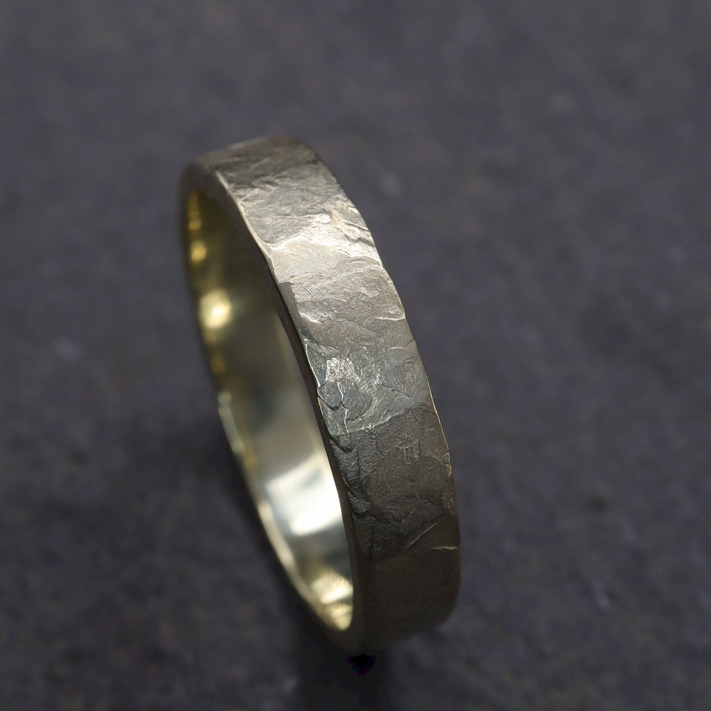 Yellow gold thin wedding ring - rustic flat hammered textured band - Windermere design.