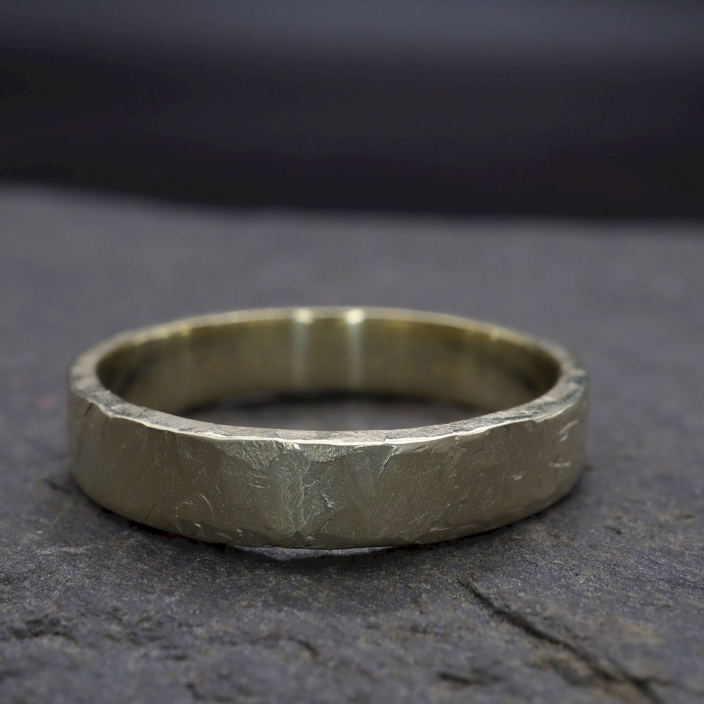 Yellow gold thin wedding ring - rustic flat hammered textured band - Windermere design.