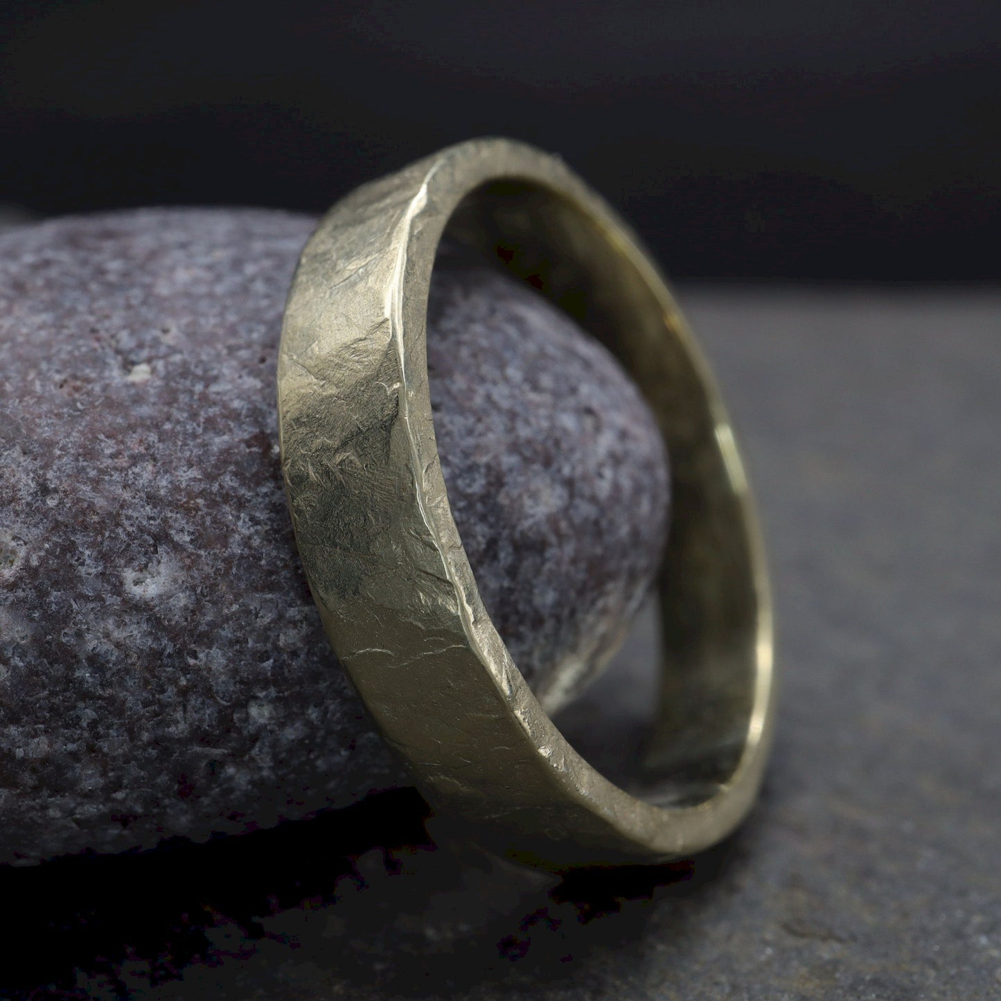 Yellow gold thin wedding ring - rustic flat hammered textured band - Windermere design.