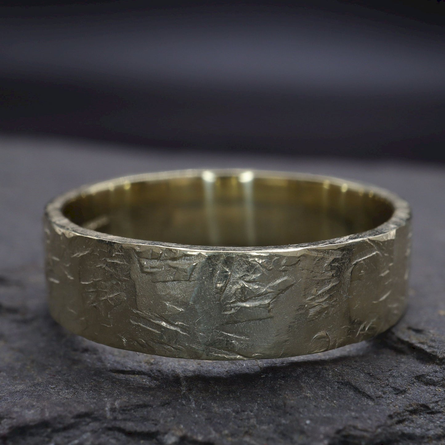 Yellow gold broad wedding ring - rustic flat hammered textured band - Windermere design.