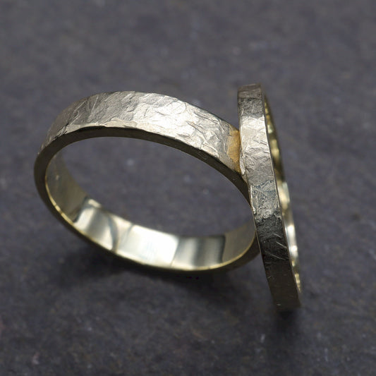 Yellow gold matching wedding ring set - rustic flat hammered textured band - original couples Windermere design - 2mm and 4mm.