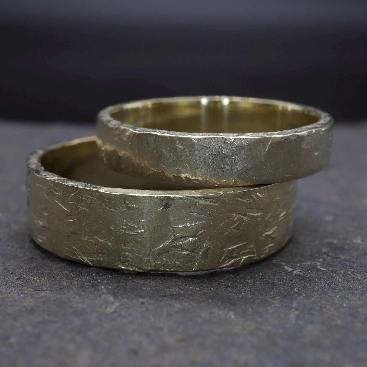 Yellow gold matching wider wedding ring set - rustic flat hammered textured band - original couples, Windermere design - 4mm and 6mm.