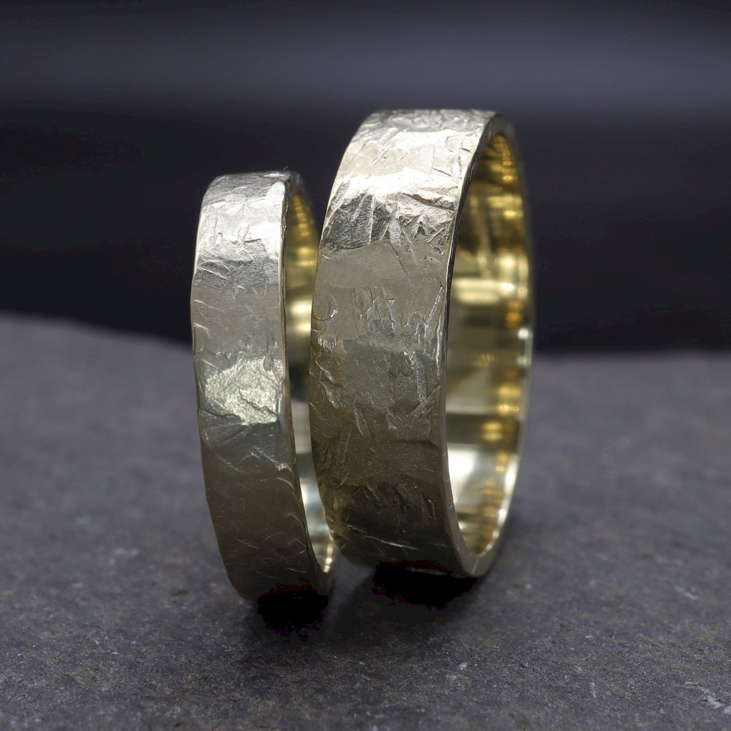 Yellow gold matching wider wedding ring set - rustic flat hammered textured band - original couples, Windermere design - 4mm and 6mm.