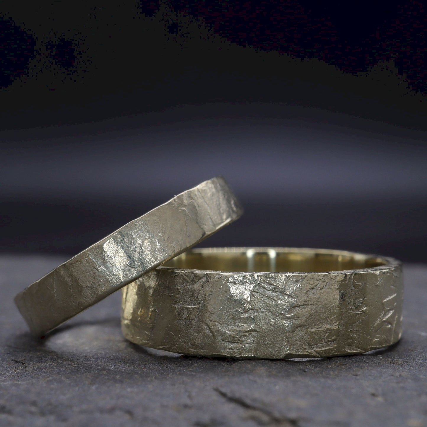 Yellow gold matching wider wedding ring set - rustic flat hammered textured band - original couples, Windermere design - 4mm and 6mm.