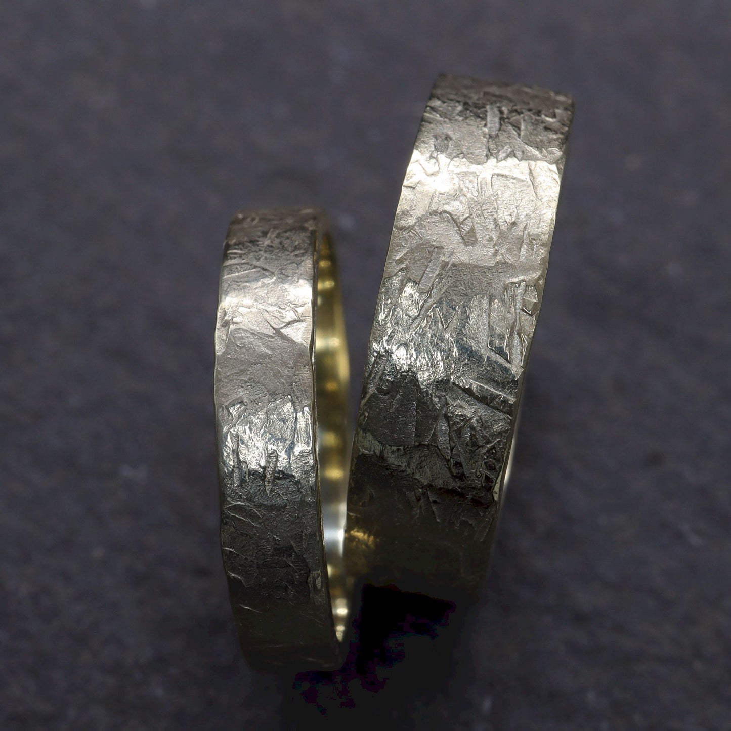 Yellow gold matching wider wedding ring set - rustic flat hammered textured band - original couples, Windermere design - 4mm and 6mm.